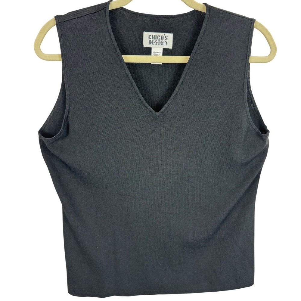 Chicos Design Vintage Black‎ V-Neck Sleeveless Knit Shell Top Large Ribbed